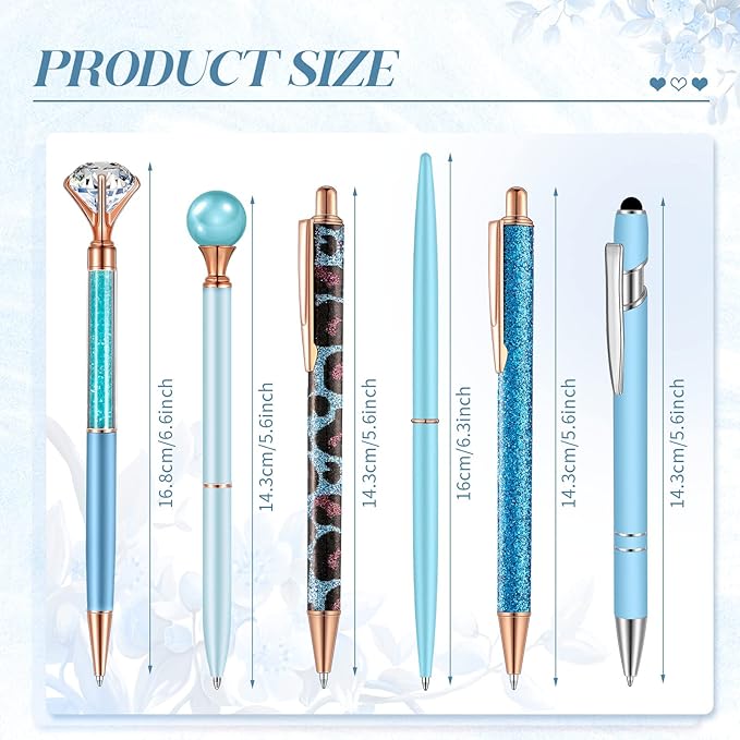 6 Pcs Ballpoint Pens Set Metal Crystal Diamond Pen for Journaling Glitter Pretty Cute Stationery Black Ink Fancy Gifts for Women Girls Teacher Office Wedding School Supplies(Blue Series)