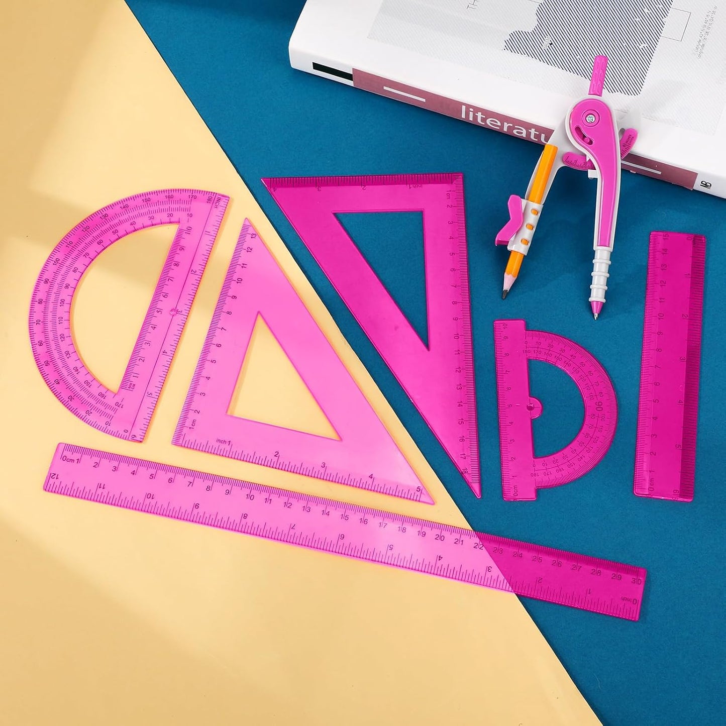 Zonon 1 Set Plastic Geometry Math Set 7 Pcs Includes 6'' / 4 '' Protractor, Drawing Compass, 45/60 Degree Triangle Rulers, 12'' / 6'' Math Ruler Transparent for Office Supplies(Pink)