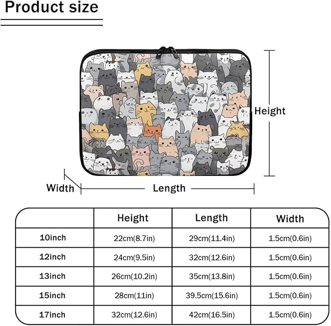 Cartoon Cat Print Laptop Briefcases for Men Women, Cute Laptop Sleeve Case Water Resistant Neoprene Computer Carrying Cover 15 Inch Laptop Carrying Bag