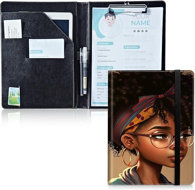 Padfolio Folder with Clipboard,Portfolios Organizer Clipboards with Storage Clipboard Writing Pad PU Leather Conference Document Organizer with Business Card Holder,African Black Woman