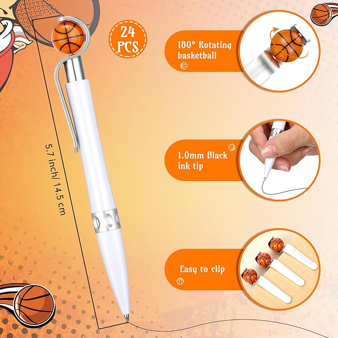 Zhanmai 24 Pcs Novelty Basketball Pens Sports Ballpoint Pens Basketball Party Favors Desk Cool Writing Tool for Students Supplies Stationery School Office Decor(White,Basketball)
