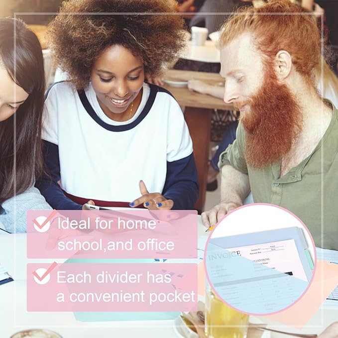 5 Pcs Letter Size Discbound Dividers with Tabs and Pockets - 8.5 x 11 Plastic Dividers for Office