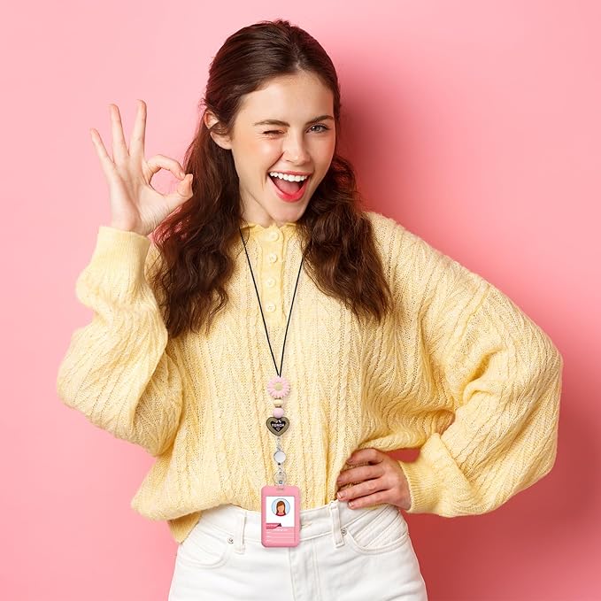 Colorful ID Badge Holder with Silicone Beads Lanyard Set,Cute Teacher Breakaway Lanyard for Keys & Keychain with Cute Retractable Badge Reel Holder,Gift for Women,Nurse, Teacher. (Y)