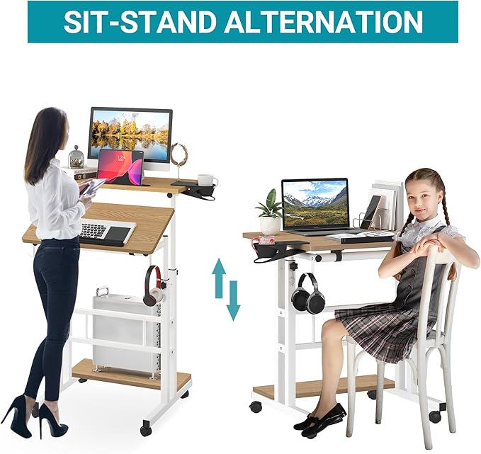 Klvied Mobile Standing Desk with Storage Bottom Shelf, Portable Stand Up Desk with Cup Holder, Adjustable Height Small Standing Desk, Rolling Desk with Wheels, Home Office Laptop Cart, Khaki
