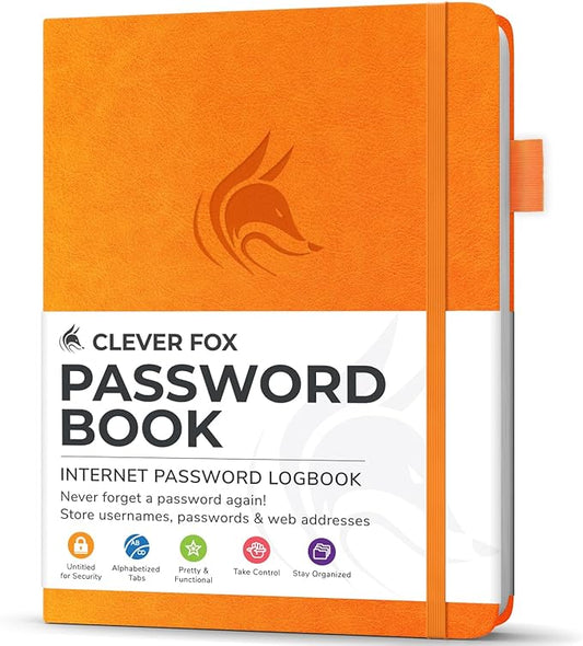 Clever Fox Password Book with Alphabetical tabs. Internet Address Organizer Logbook. Small Pocket Password Keeper for Website Logins (Yellow)