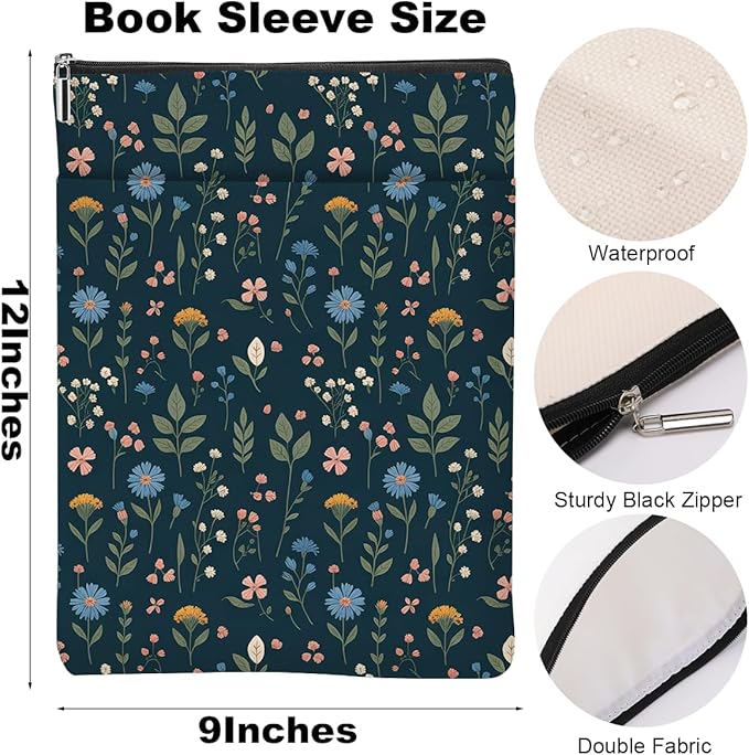 5PCS Waterproof Book Sleeve Book Pouch Protector with Zipper and Front Pocket Books Cover for Women Girl Books Lover Reader Librarian Reading Accessories Bookish Gifts, Cute Wildflower Forest Cat Fox