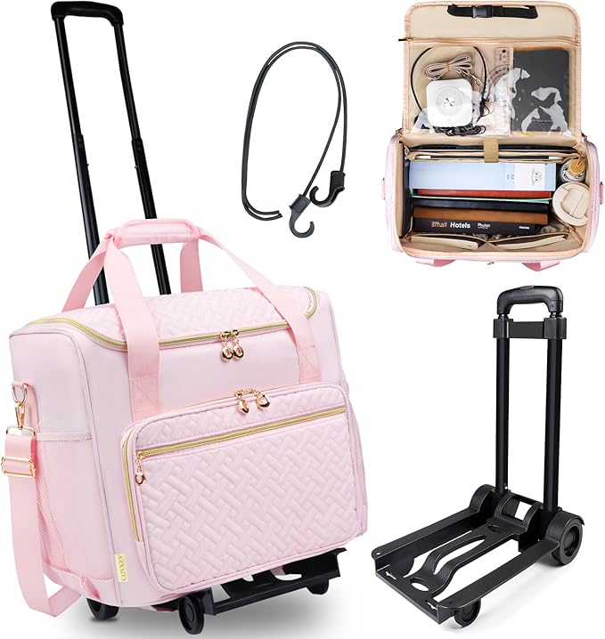 Rolling Teacher Tote Bag with Detachable Trolley, Wheeled Teacher Bag with 15 Inch Laptop Compartment, Soft Nylon Multifunctional Tote Bag with Wheels for Teaching& Office Supplies (Pink)