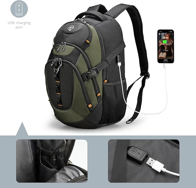 Swissdigital Design Large Business Laptop Backpack with Smart USB Charging Port, Travel Backpack Fits 15.6 inches laptops, Water Repellent College Backpack for Men Women (VECTOR SD803-26 Olive/Black)