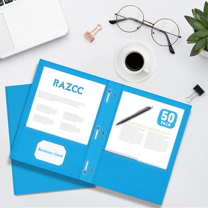 Two Pocket Folders, RAZCC 75 Pack Two Pocket Folders with Prongs, 3 Prong Folders Fit Letter Size Paper, Pocket File Folders for School Office Home Business, Blue