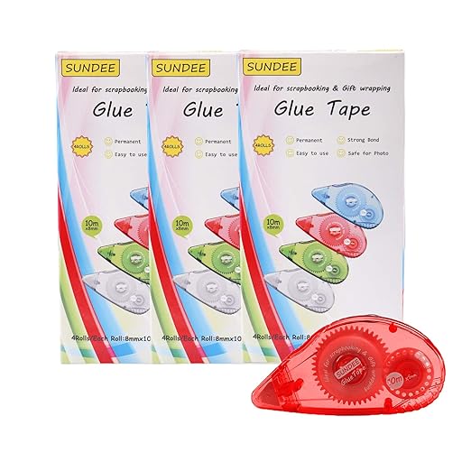 Glue Runner Permanent, Double Sided Adhesive Scrapbook Runner Tape Roller, 0.3-inch by 360-Inch, Permanent Adhesive Roller Applicator, 12 Pack - Red