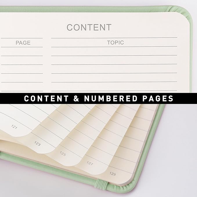 RETTACY Journaling Notebooks, A5 Lined Journal Notebook with 192 Numbered Pages, 5.7'' × 8.3'' Medium Size, for Writing, Work, Office, Leather Hardcover, 100 GSM Thick Paper (Light Green)