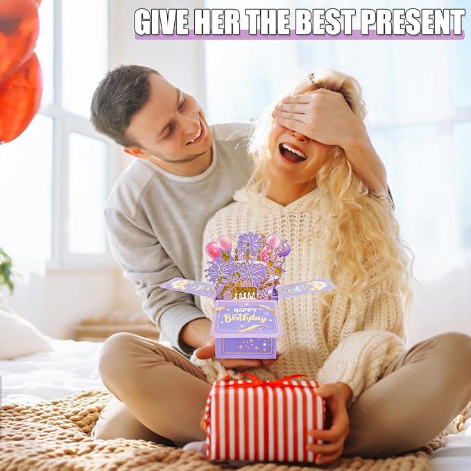 Surprise Pop Up Happy Birthday Cards, Lovely 3D Birthday Card for Adults and Kids with Envelopes, Unique Design Handmade Foldable Greeting Cards for Daughter, Son, Mom, Dad, Friend（Purple）