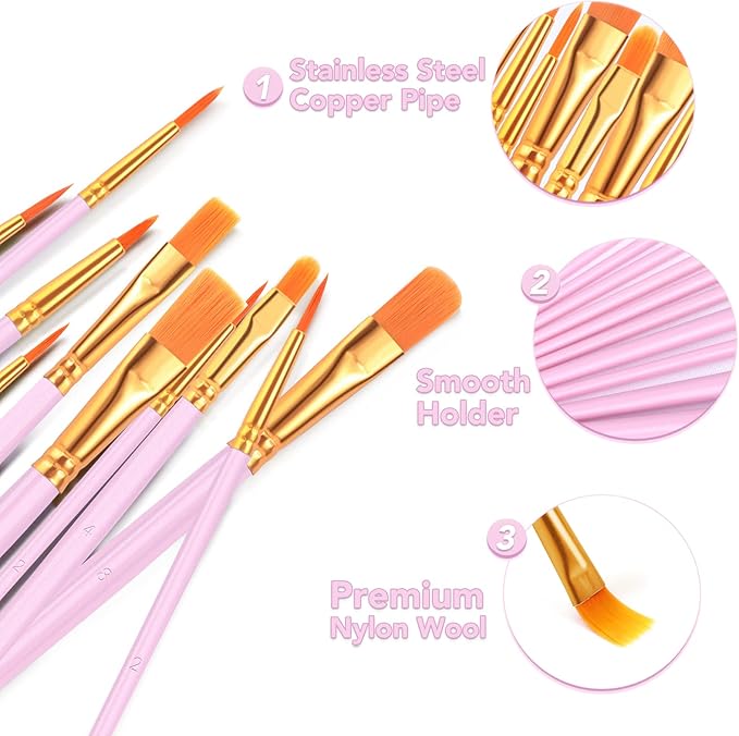 ESRICH Acrylic Paint Brushes Set, 8Packs /80 Pcs, Nylon Brush Head, Suitable for Acrylic, Oil, Watercolor,Rock Body Face Nail Art,Perfect Suit of Art Painting, Best Gift for Kids Adult Drawing(Pink)