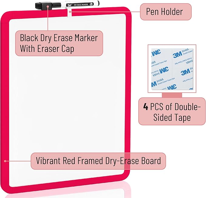 Mr. Pen- Dry Erase Board, 14' x 11', Black Dry Erase Marker, Red Frame, Mini White Board for Kids & Students