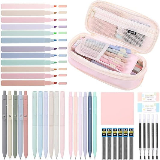 SKYDUE Cute School Supplies 44 PCS, Aesthetic Pencil Case with 12 Pastel Highlighters, 5 Black Gel Pens, 6 Color Gel Pens & Mechanical Pencils, College Essentials Students Stationary Set Pink
