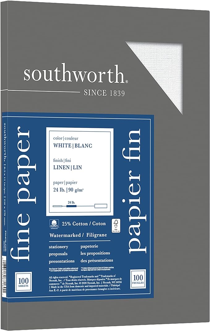 Southworth® 25% Cotton Linen Business Paper, White, Letter (8.5" x 11"), 100 Sheets Per Pack, 24 Lb, 94 Brightness