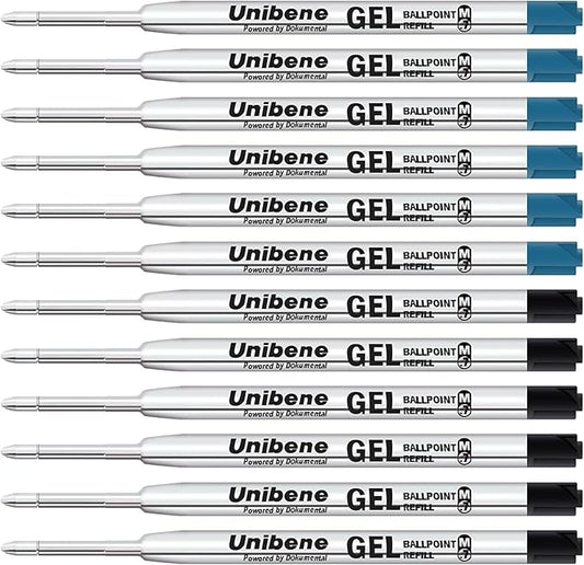 Unibene Parker Compatible Gel Ink Ballpoint Refills 12 Pack,0.7mm Medium Point- 6 Black&6 Blue, Smooth Writing Replaceable German Ink Tactical Pen Refills for Parker Ballpoint/UZI Pen