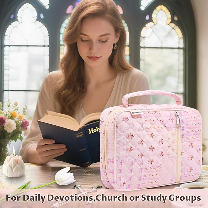 shirabags Quilted Bible Cover Case for Women - Elegant Cotton Bible Bag for Study, Church, Christian Gifts for Women (Pink pin, M)