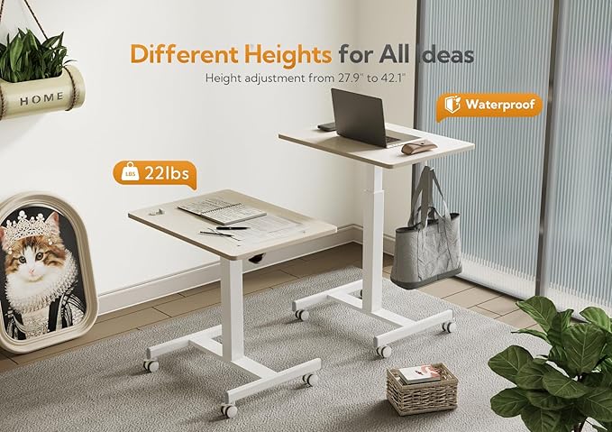 Mobile Standing Desk, Small Rolling Standing Desk, Mobile Desk Workstation with Wheels, Pneumatic Mobile Laptop Desk for Home Office with Hook, Natural