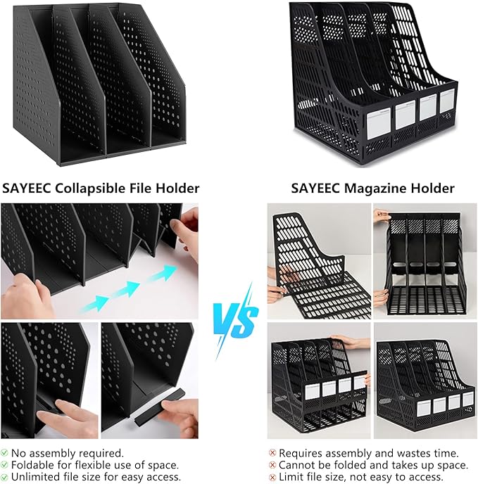 SAYEEC 2Pcs Collapsible Plastic Magazine File Holder Vertical Binder Storage Organizer for Desk Sturdy Upright Desktop Magazine Organizer Folder Rack for Office School Home (3 Compartments, Black)
