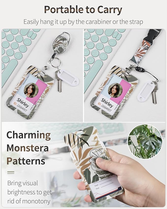 Uniclife 2 Pack Floral Sliding Badge Holder Flower Leaves Plastic Case with Retractable Badge Reel Carabiner Clip and Detachable Lanyard Strap Hard Vertical Card Protector for Women Nurse Teacher