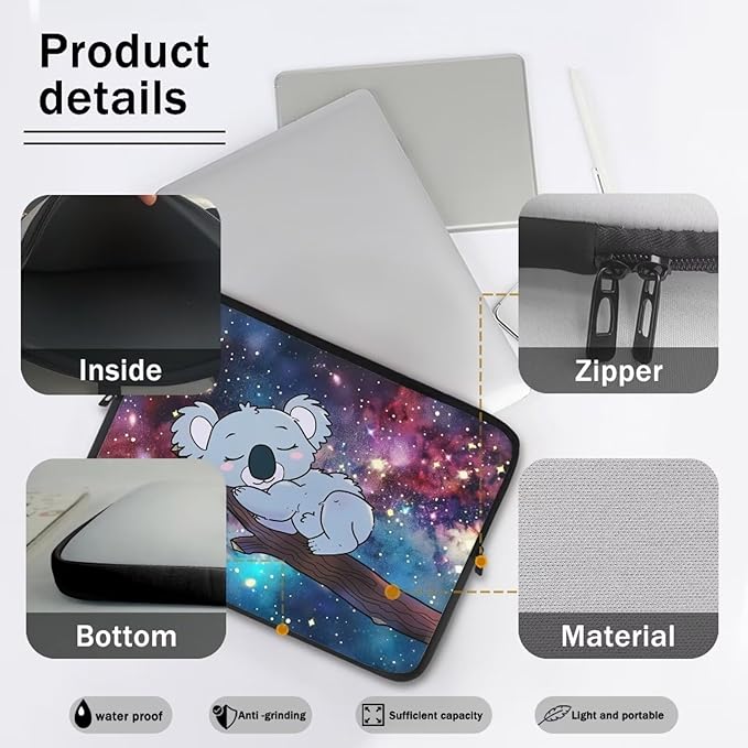 Galaxy Koala Computer Sleeve for Women Girls 12 inch Laptop Sleeve Durable Lap Top Case with Multiple Uses Tablet Bag Kawaii Animal Laptop Carrying Case Briefcase Starry Night