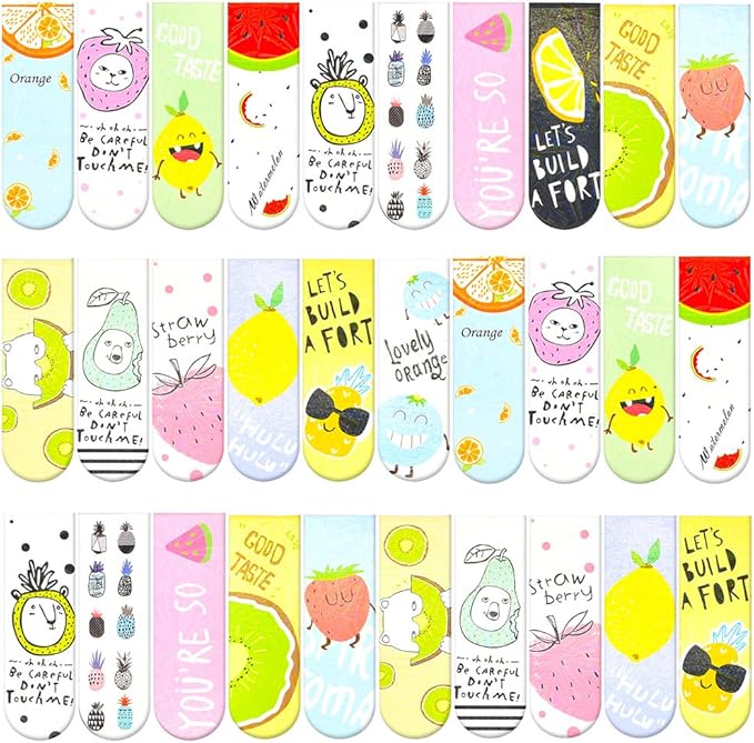 30 Pieces Cute Magnetic Bookmarks for Women/Men, Dual Sided Rainbow Film Laminated Book Markers for Girls, Funny Magnetic Bookmarks for Kids, Book Marks Bulk Page Clip Reading Giveaways (Fruit)