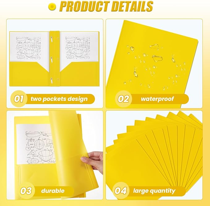 Yeaqee 60 Pcs Plastic Folders with Pockets and Prong Plastic Folders with 2 Pockets Pocket for Office, School for Students, Teachers, Office Workers (Yellow)