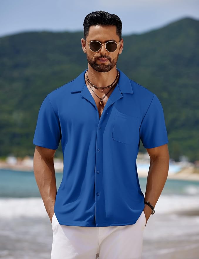 COOFANDY Men's Casual Cuban Guayabera Shirt Short Sleeve Button Down Shirts Summer Beach Shirts Vocation Vintage Shirts