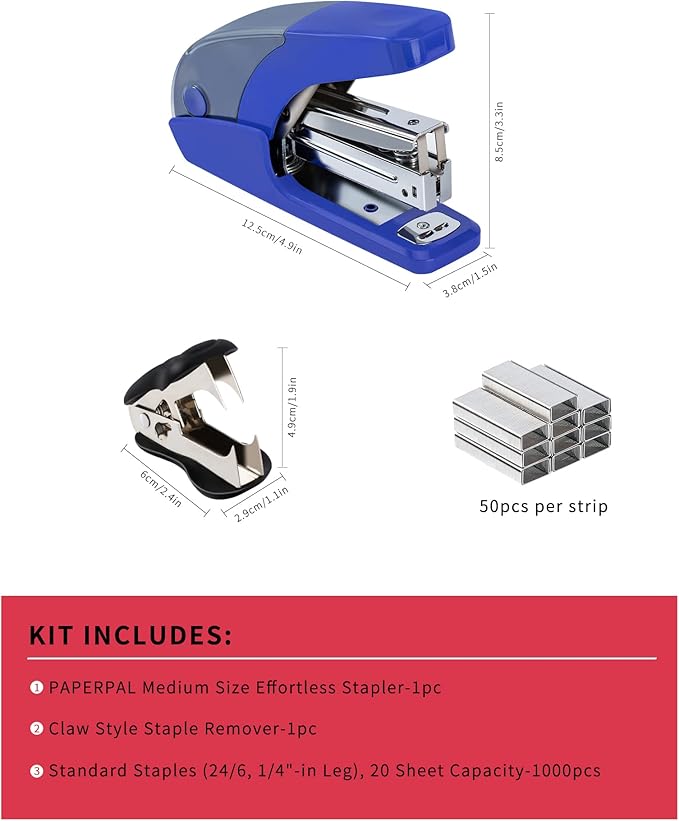 PAPERPAL Effortless Standard Stapler Set, 20 Sheet Capacity, Half Strip, Built-in Staples Storage, Holds 1/4" Staples, Includes 1000 Staples and A Staple Remover, Office, School & Daily Use, Dark Blue