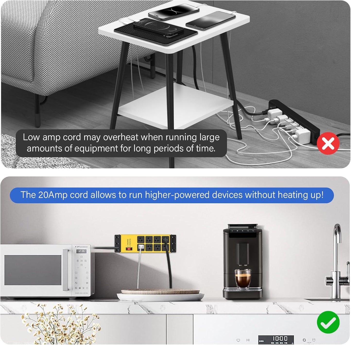 CCCEI 2PCS Heavy Duty Power Strip Surge Protector 20 AMP, 8 Outlets 12 Gauge Shop Garage Metal Multiple Outlets, 6 FT Extension Cord 5-15P Adapter High Amp 6-20R T-Slot 20a for Appliance Yellow.