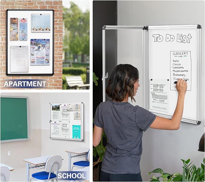 SWANCROWN Locking Bulletin Boards Enclosed Noticeboard White Glass Message Boards Indoor for School Office 38x38 inches (12xA4)