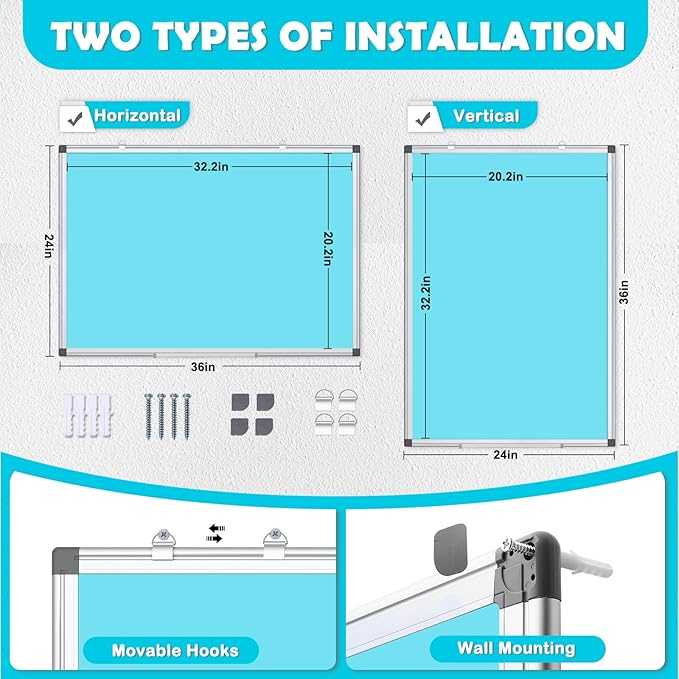 WALGLASS Magnetic Whiteboard 36"x24" Dry Erase White Board for Walls with Pen Tray, Aluminium Frame and Dry-Wipe Writing Surface for Kids' Drawing, Home, and Office (Blue)