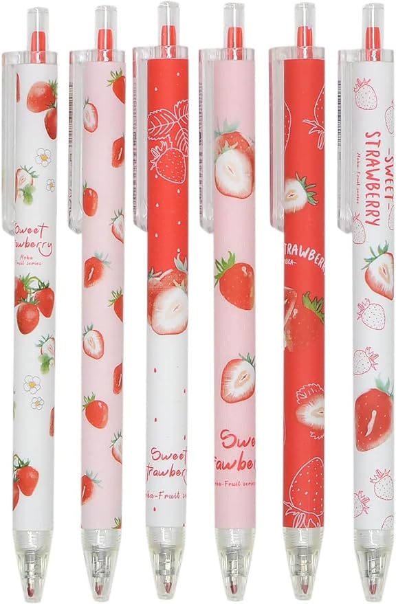 YYaaloa 12pcs Cute Strawberry Pens Black Gel Ink Pens Retractable 0.5mm Gel Pens Nice Gifts Fun Pens for Kids Girls Boys Christmas Gifts