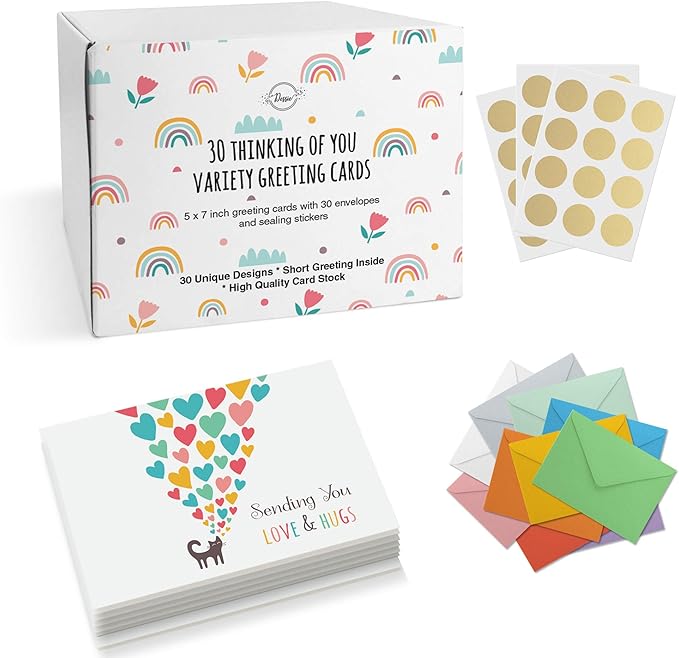 Dessie 30 Unique Thinking Of You Cards With Greetings Inside. Large Greeting Cards Boxed Set. 30 Different Designs - No Repetition. Assorted Color Envelopes, Gold Seals, Storage Box.