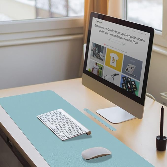 Boutilon Leather Desk Pad 30" x14",Non-Slip Mouse Pad,Office Desk Mat,Waterprooft PU Leather Desk Blotter,Desk Pad Protector,Desk Writing Pad for Home Office Decor (M-Light Blue)