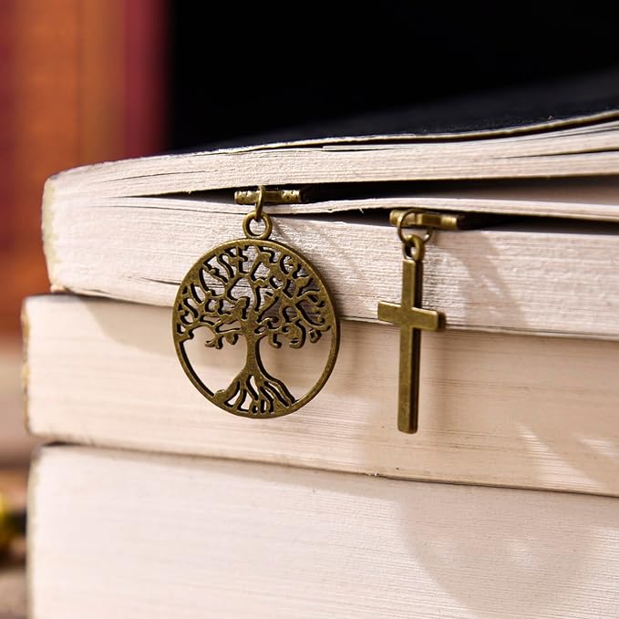 Bookmarks, Handmade Retro Cross Tree of Life Bible Bookmark with Long Leather Straps, Christian Saint Book Mark, Ideal Christian Gift (Style 13)
