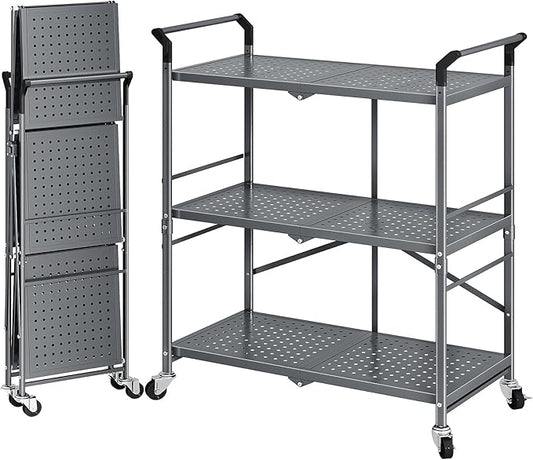 Rolling Utility Cart Folding Cart with Wheels - 3 Tier Collapsible Metal Cart, Large Capacity