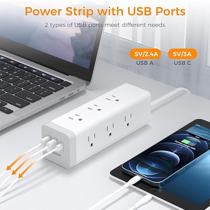 Surge Protector Power Strip 15 Ft, TESSAN Flat Plug Long Extension Cord with 9 Outlets 3 USB(1 USB C), Surge Protection Mountable Desk Charging Station for Indoor, Home, Office, Dorm Room Essentials