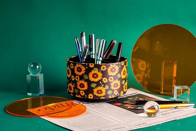 Hennaja Round Leather Art Supply Organizer,Remote Control Holder,360 Degree Rotating,Multi-Functional Pencil Holder,4 Compartments Desktop Stationary Organizer(1-Sunflower)