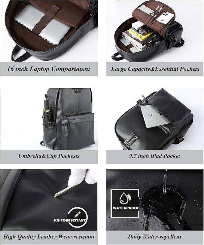 Pu Leather Laptop Backack For Men Women Classic Water-Resistant Purse Airplane Travel Backpacks Work Business Bag Black