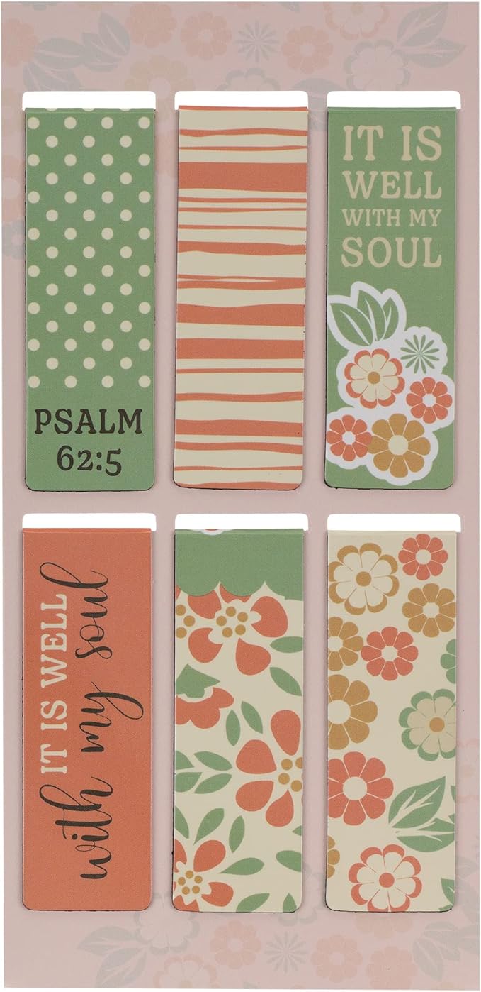 Christian Art Gifts Magnetic Scripture Bookmark/Pagemarker Set for Women: It is Well with My Soul - Set of 6, Inspirational Scripture for Bibles, Fridges & Books, Multicolor Teal & Pink Floral, Small