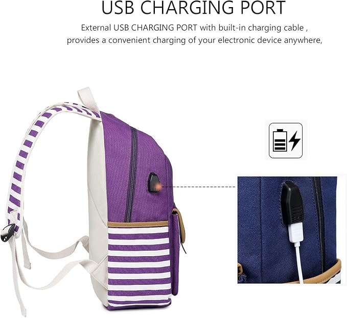 Goldwheat Girls Backpack Canvas Schoolbag Bookbag Laptop Bag Rucksack with USB Charging Port