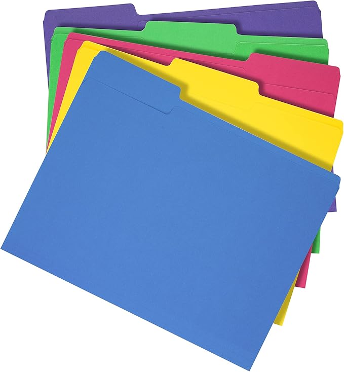 Amazon Basics File Folders, Letter Size, Heavyweight 1/3-Cut Tab Assorted Colors, 50-Pack