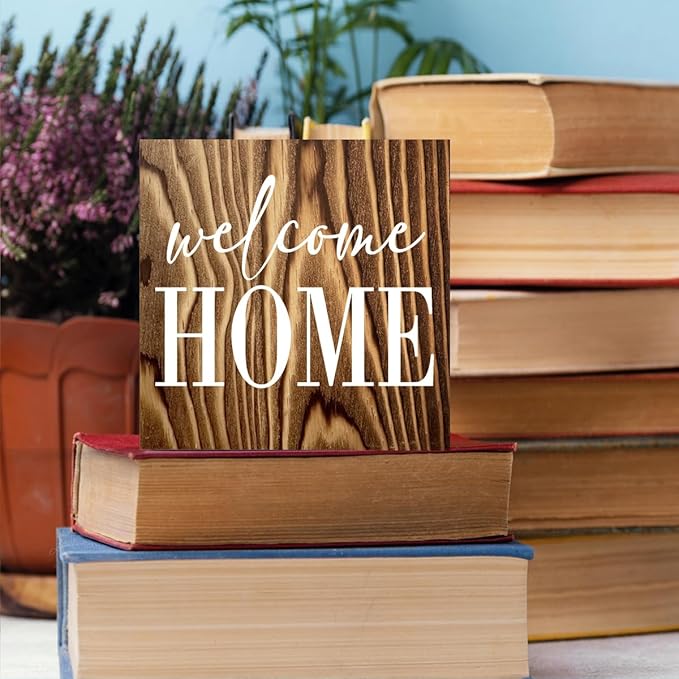 Welcome Home Sign Home Decor Desk Decor Wooden Box Sign Rustic Wood Block Plaque Box Sign for Women Family Friends Farmhouse Living Room Kitchen Bedroom Shelf Table Decoration Roasted Color