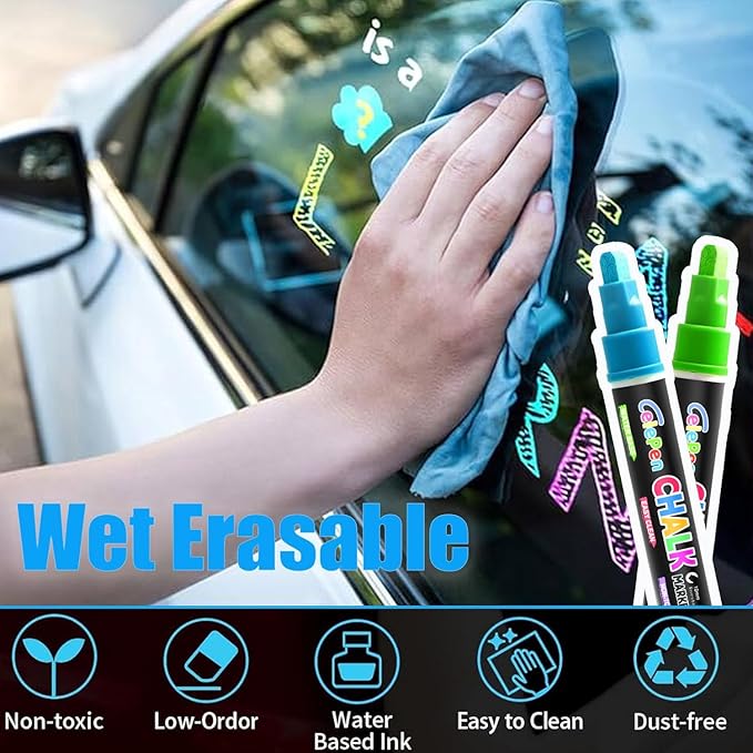Window Chalk Markers for Cars Glass Washable, 8 Colors Jumbo Liquid Chalk Marker Pens with 10mm 3 in 1 Nib Wide Tip, Chalkboard Markers Car Window Paint Markers Pen for Auto, Mirror, Poster