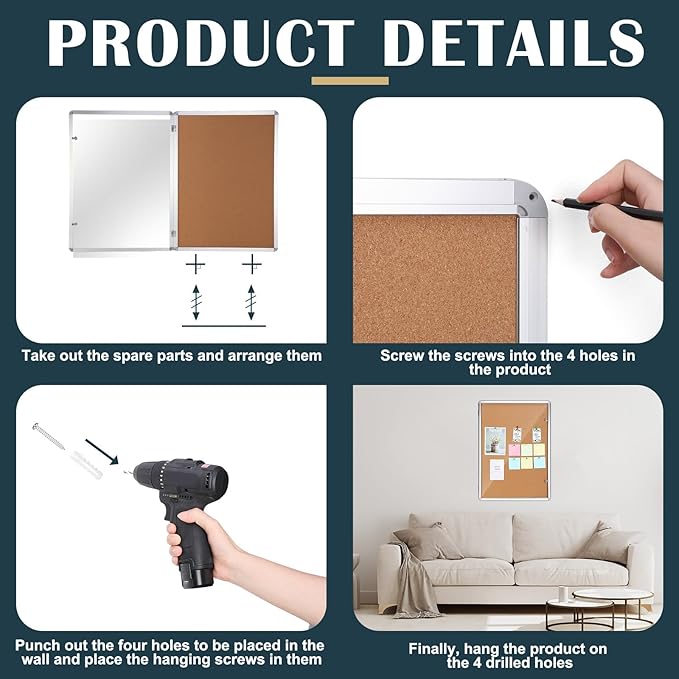 2 Pieces Enclosed Bulletin Board 26 x 20 Inch Lockable Notice Board Case Aluminum Framed Waterproof Noticeboards Cabinet with Mounting Screws for Office School Classroom Wall Display