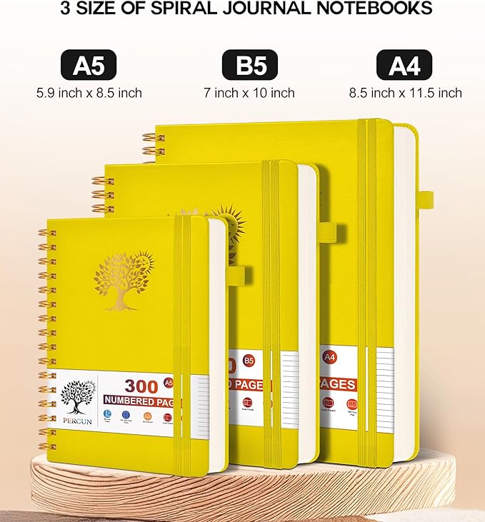 Spiral Notebook Journal for Women Men, 300 Numbered Lined Pages, College Ruled, A5 Hardcover Spiral Bound Notebook for School, Work, Note Taking Writing, Leather Spiral Journal Medium 5.9"x8.5"