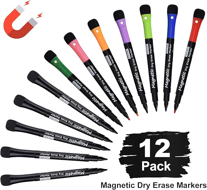 Magnetic Dry Erase Markers, Fine Tip Low Odor Whiteboard Markers for Kids & School, Work On White board & Calendar, Refrigerator (12 Pack)