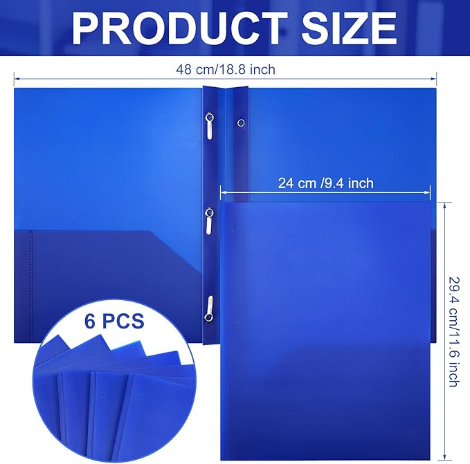 Cholemy 6 Pcs Plastic Pocket Folders with Prong 2 Heavy Duty Pockets Folders with 3 Prongs Letter Size Paper Folders Bulk File Plastic Folders with Fasteners for Office Workers (Blue)
